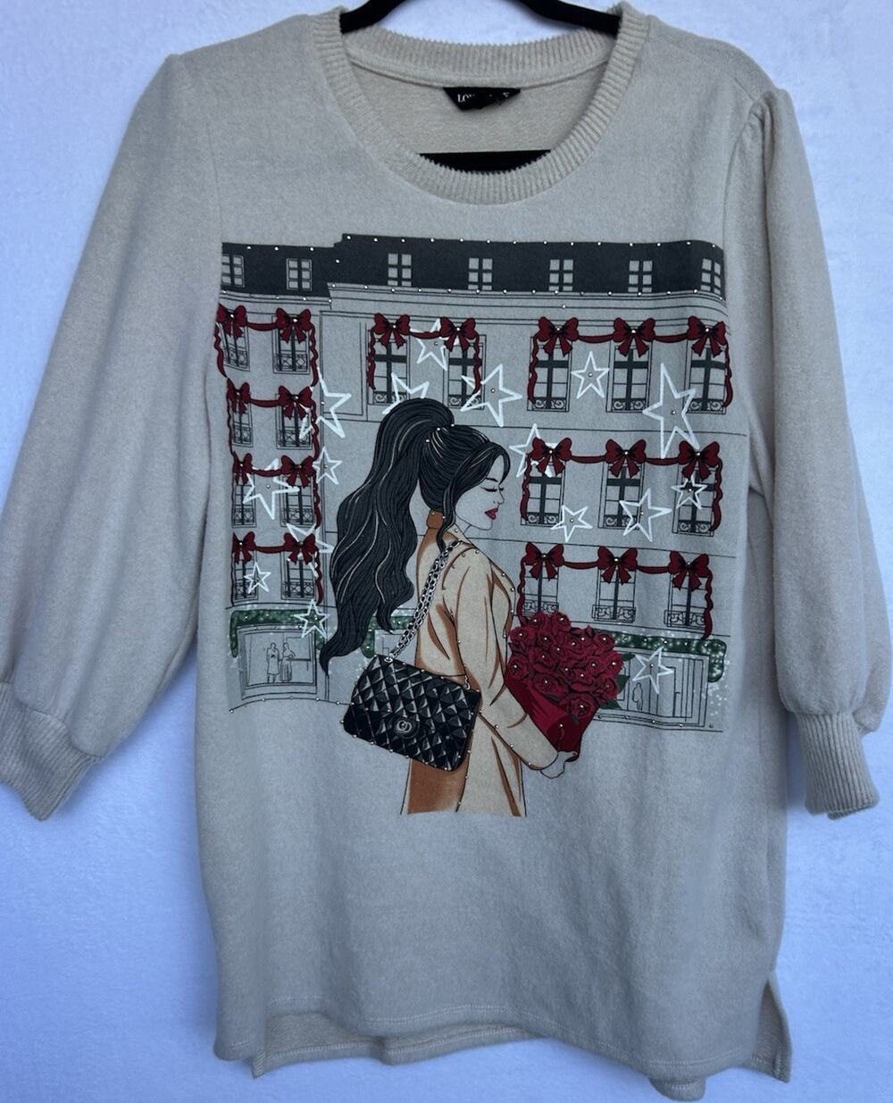 LOVE & LACE Beige Tight-Knit Graphic Print Pullover Sweater Crew Neck L